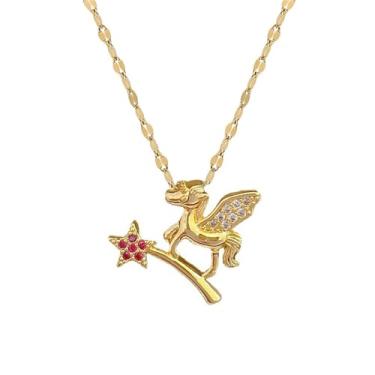 Imagem de Colar feminino com pingente de unicórnio de zircônia cúbica banhada a ouro 14 K, pingente de cavalo de cristal de aço inoxidável, corrente ajustável, delicada, aniversário, Natal, presente de 45,7 cm