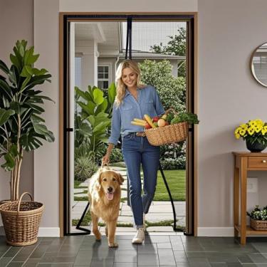 Imagem de Tela de tela com fecho magnético de 88 x 96 cm, fibra de vidro resistente, preta, mantenha os insetos fora, deixe a brisa entrar, amigável para animais e crianças, portão para cães/gatos, cortina de