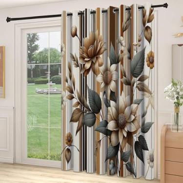 Imagem de Divisória de parede de cortina de quarto castanho, flores monocromáticas vintage boho cottagecore em um fundo listrado, para quarto, jardim de infância, sala de estar, L 236 x C 213 cm amêndoa verde
