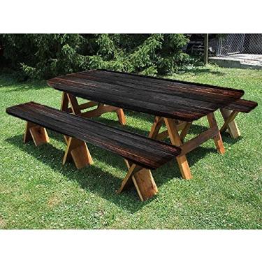 Imagem de Toalha de mesa com prancha de madeira, conjunto de 3 peças, estampa de textura de prancha de madeira, para uso ao ar livre/churrasco/acampamento, 71 x 182 cm
