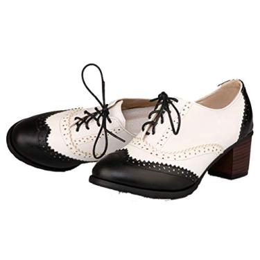 Imagem de Bellirala Sapato social feminino Brogue Oxfords de salto grosso com cadarço, Preto/branco, 39