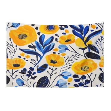 Imagem de Bandeira com quatro furos bandeiras para todos os climas flores amarelas e azuis impressas bandeira decorativa bandeiras de poliéster adequadas para uso interno e externo 89 x 159 centímetros