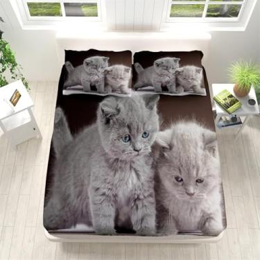 Imagem de Lençol De Baixo Cat Sigle, Lençóis De Cama De Gato Fofos Com Bolso Profundo 12 Ich (30 Cm) Lençol De Microfibra 3d Macio Com 2 Fronhas Para Crianças E Legumes, Cat, single/90 x 190