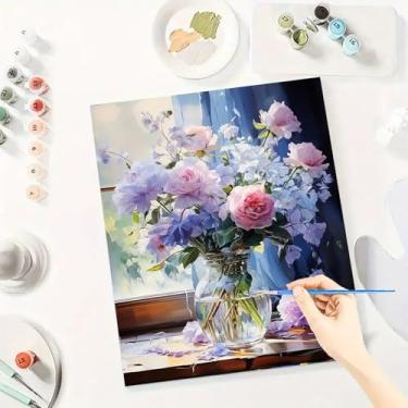 Imagem de Huacan Kit de pintura por números para adultos iniciantes sem moldura, faça você mesmo, flores de rosas, desenho em tela, kit de pintura acrílica feito à mão com 3 pincéis 40 x 50 cm