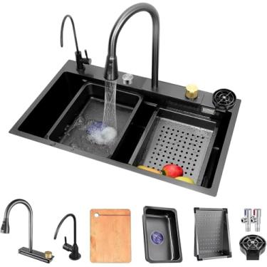 Imagem de Pia De Cozinha Em Cascata Cinza Preto Com Torneira Extraível, Lavadora De Copos, Botão De Drenagem, Pia Nano De Aço Inoxidável 304 Com Bacia Pequena, Pia De Bar De, One Color, 80x45x21cm