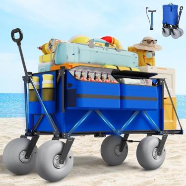 Imagem de Carroça de praia com rodas grandes para areia – Carrinhos resistentes de carga de 204 kg dobráveis com pneus infláveis para todo o terreno de 23 cm, carrinho de praia dobrável para compras, jardim