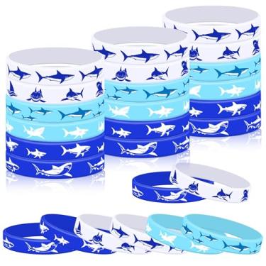 Imagem de Lesnala 48 peças de pulseiras de silicone para festa de tubarão, vida marinha, tubarão, borracha, artigos para festas temáticas, para crianças, aniversário, chá de bebê, decoração de semana de tubarão