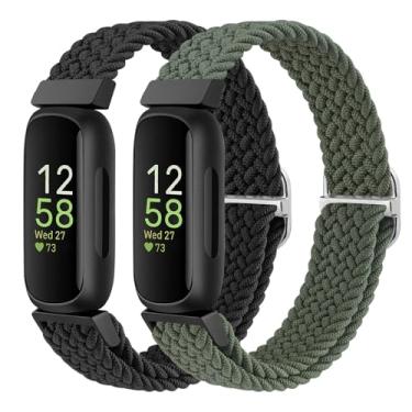 Imagem de Pacote com 2 pulseiras compatíveis com Fitbit Inspire 3/Inspire 2/Inspire/Inspire HR, pulseira de reposição de nylon esportiva elástica ajustável para mulheres e homens (preto + verde escuro)