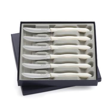 Imagem de CUTCO Conjunto nº 1869 de 6 facas de mesa brancas (pérola) modelo 1759, cada uma em um saco plástico selado de fábrica dentro da atraente caixa de presente azul CUTCO..............9,7 cm serrilhada