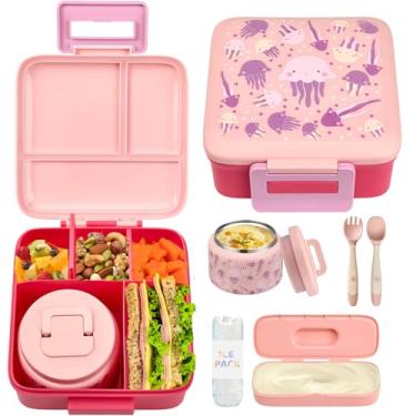 Imagem de JXXM Lancheira Bento para crianças com garrafa térmica de sopa de 227 g, recipientes à prova de vazamento com 5 compartimentos, recipientes térmicos para alimentos para escola (água-viva rosa)