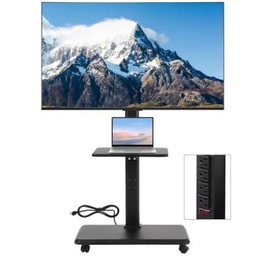 Imagem de Carrinho de TV com rodinhas – Suporte de TV móvel com tomada, carrinho de TV móvel sobre rodas para TVs de 32 a 70 polegadas até 40 kg, suporte de TV portátil ajustável em altura, preto