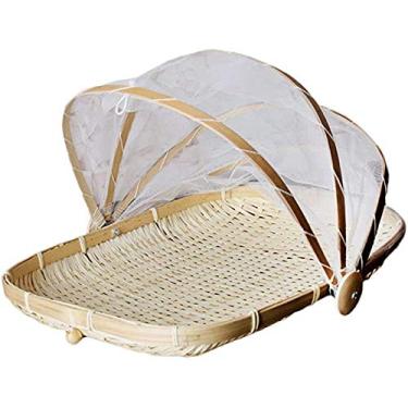 Imagem de Cesta de barraca para servir alimentos – Cesta de bambu trançada à mão BESTCHANCEUS, cesta à prova de poeira, mosquitos à prova de insetos ou farinha de frutas vegetais, Rectangular