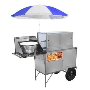 Imagem de Carrinho de Salgado Cefaz Inox Rodas Pneumáticas e Guarda Sol L29P/GS