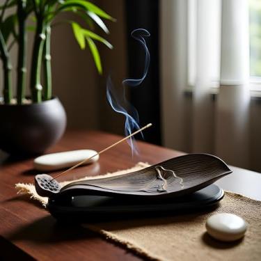 Imagem de Sengocis Suporte de incenso, base de madeira com apanhador de cinzas de cerâmica, aplicável para spa, sala de meditação, ioga, casa, decoração de sala de escritório (cor café 01, grande)