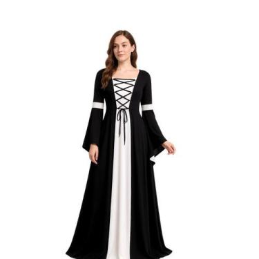 Imagem de Vestido Medieval Tecido Leve Lindo Princesa Urbana branco e preto, M