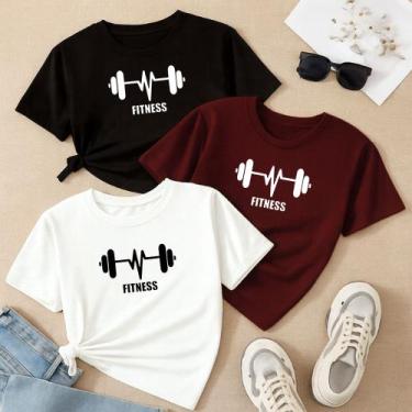 Imagem de Kit com 3 Camisetas De Algodão Estampa Barra Fitness Musculação Treino