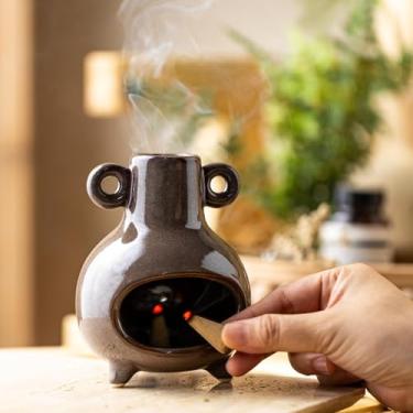 Imagem de KOKUNKA Suporte de cerâmica Chiminea Palo Santo, queimador de incenso moderno para palitos de sálvia, incenso de cone, prato de incenso de quimena para decoração de meditação, marrom