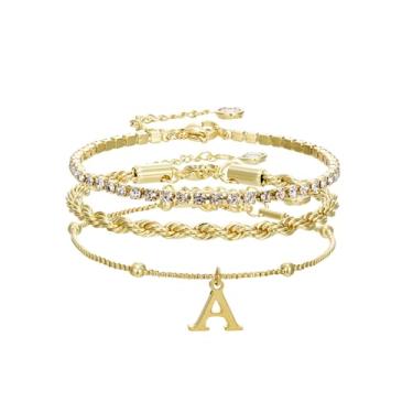 Imagem de Pulseiras de ouro para mulheres – Conjunto de joias de pilha de pulseiras de ouro delicadas com iniciais personalizadas, linda caixa de corda, corrente de corrente, pulseiras de tênis, presentes para