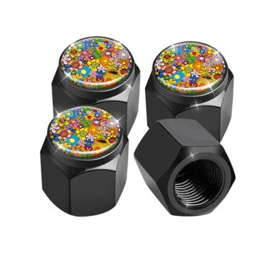 Imagem de Pacote com 4 tampas de haste de válvula de pneu, tampas de haste de roda de carro, tampas de válvula de ar de alumínio, ajuste universal para carros, SUVs, caminhões, bicicletas e motocicletas (floral