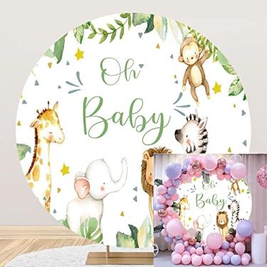 Imagem de OERJU Capa de fundo redonda para chá de bebê safári, animais selvagens, círculos, folhas tropicais, animais de zoológico, recém-nascidos, chá de bebê, decoração de festa de aniversário, fundo de