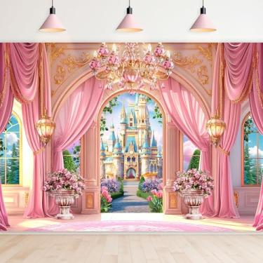 Imagem de Newsely Cenário de jardim de castelo de princesas 20 x 15 cm A fotografia cortina de palácio rosa cristal floral plantas verdes nuvem lâmpada céu bonito fundo feminino decorações de festa banner