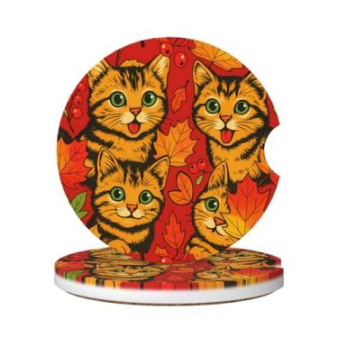 Imagem de Neukim Pacote com 2 porta-copos de carro de gato fofo laranja, 6 cm, folha de bordo vermelha, baga, antiderrapante, base de cortiça e acessórios de carro, interior para mulheres e homens