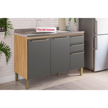 Imagem de Gabinete de Cozinha Modulado Balcão p/ Pia Nápoli Prime 3 Portas e 2 Gavetas s/Tampo 120cm Amendoa/Chumbo - Ronipa