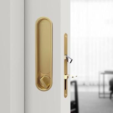 Imagem de Conjunto de ferragens de fechadura de porta de bolso - alça de privacidade com puxador oculto e trava embutida, adequado para portas de madeira de 4,8 a 5 cm da espessura das portas de madeira (ouro
