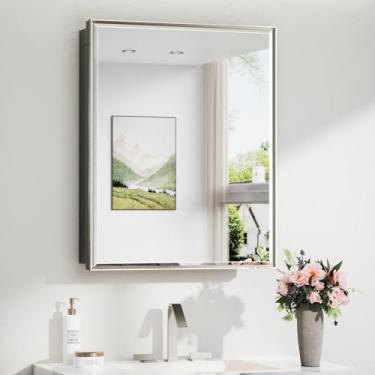 Imagem de TokeShimi Armário de remédios espelhado para banheiro 61 x 76 cm, armário de remédios embutido com espelho, espelho de níquel escovado com moldura de alumínio com armazenamento ajustável e dobradiça