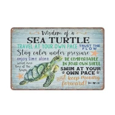 Imagem de GOPUTRYEN Pôster de parede de tartaruga marinha Wisdom Of A Sea Turtle Crossing Coastal Beach Poster engraçado placa de metal arte de parede para cozinha jardim banheiro fazenda casa café decoração