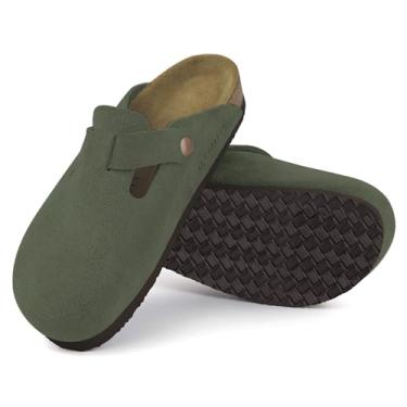 Imagem de ILLIMITE Tamancos de camurça para mulheres e homens, sandálias de couro com palmilha de cortiça, sapatos de batata com suporte de arco e fivela ajustável, Verde tomilho, 13-13.5 Women/11-11.5 Men