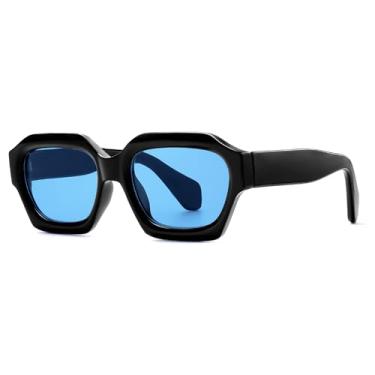 Imagem de VANLINKER Óculos de sol quadrados grossos para homens e mulheres, retrô, vintage, volumoso, polígono, retangular, VL9883, Lente azul C4/armação preta, M