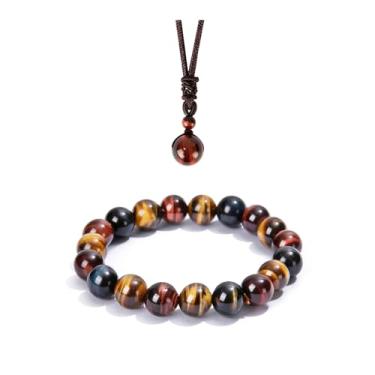 Imagem de KINGCHU JEWELRY Pulseira de pedra preciosa natural olho de tigre de 10 mm/12 mm, pulseira elástica com contas de ioga, presente adequado para homens e mulheres, 10mm, Pedra, Pedra