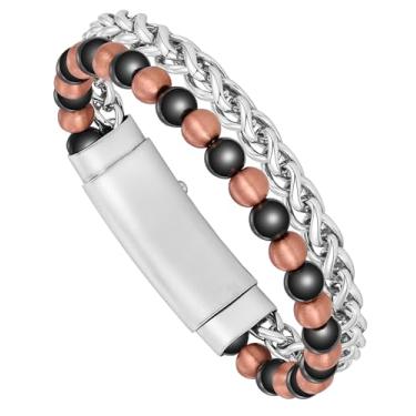 Imagem de Feraco Pulseira de couro trançado e cobre com cruz magnética para homens, pulseira com contas de hematita para pai, amigos, irmãos e filhos, Metal, Sem Pedra Preciosa