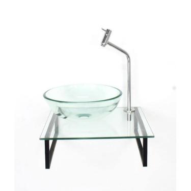 Imagem de Kit Cuba Vidro Redonda 10Mm Tampo 40Cm Incolor E Suporte