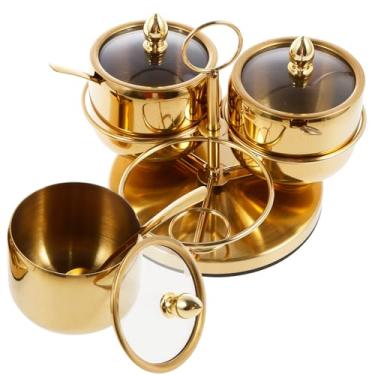 Imagem de LCZNXJJY Conjunto de açucareiro de aço inoxidável, potes redondos de condimentos de 3 sabores rotativos de 360°, caixa de tempero com tampa de vidro transparente, recipiente de açúcar à prova de