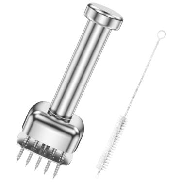 Imagem de Ferramenta de amaciador de carne com agulha ultra afiada de aço inoxidável 28, martelo portátil de bife com escova de limpeza para cozinhar carne de porco, peru, frango, bife, vitela, porco, peixe