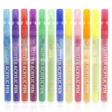 Imagem de 12 peças de marcadores de glitter 0,7 mm à base de água, conjunto de canetas versáteis com glitter, caneta de plástico segura para cartões comemorativos, pedra, cerâmica e madeira