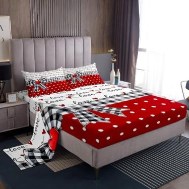 Imagem de Erosebridal Jogo de lençol King com laço xadrez, estilo princesa romântica, bolinhas brancas, vermelho, preto, sonhador, 1 lençol com elástico, 1 lençol de cima e 2 fronhas