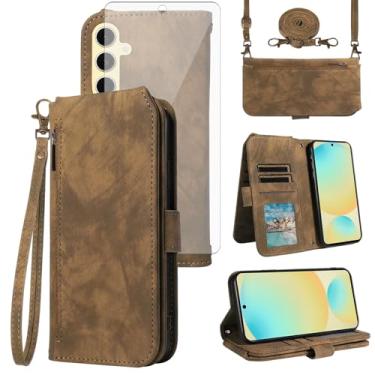 Imagem de Asuwish Capa de celular para Samsung Galaxy S24 FE 5G carteira celular com protetor de tela de vidro temperado alça transversal alça flip zíper compartimento para cartão de crédito S 24 EF AI S24FE