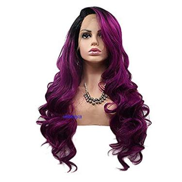 Imagem de Xiweiya Perucas de renda frontal longa, cor roxa escura, perucas de renda com raízes pretas, parte lateral roxa sintética lace frontal perucas para mulheres 55 cm..
