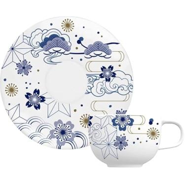 Imagem de Germer, Xícara e pires para café em porcelana, modelo Convexa, Pólen, 100 ml, Branco com detalhes em azul e dourado