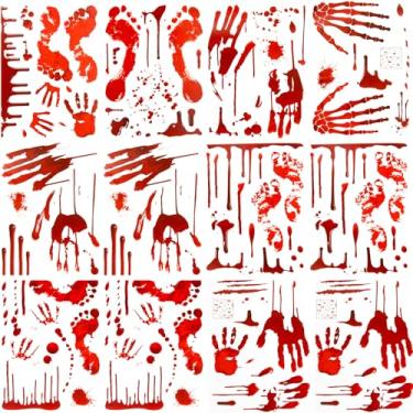 Imagem de RAINFLOW 111Pcs Halloween Bloody Handprint Footprint Clings - 8 Sheets Window Wall Floor Decals Stickers for Halloween Party Decorations,Bathroom Restroom Haunted House Decor
