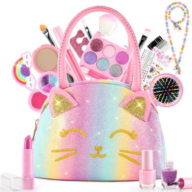 Imagem de Kit de maquiagem Smallzi Kids com bolsa para gatos lavável para meninas de 3 a 12 anos