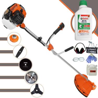 Imagem de Roçadeira Aparador de Grama Lateral Terra GR520-XP À Gasolina 2T 52cc 2,5HP Robusta Com Carretel Nylon + Kit 4 Lâminas de Corte + ÓLEO STIHL 2T + EPI