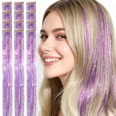 Imagem de CelineBella Extensões De Cabelo Com Prendedor Roxo, 80 Fios/Peças, Muito Fofas Para Crianças, Meninas, Cosplay, Festa Natal (Roxo Claro, 24" Pacote 12 Peças)