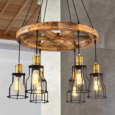 Imagem de E27 Vintage Pendant Light Madeira Redonda Design Industrial Rústico Preto Pendente Luz para Sala de Estar Clássica Sala de Jantar Estudo Loft Lustre 6 Lâmpadas Altura Ajustável L60 cm