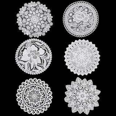 Imagem de XLIUAX 6 peças de crochê de renda, jogo americano redondo, branco, vintage, 15 cm, tapetes rústicos feitos à mão, porta-copos de renda para cozinha, sala de jantar, mesas de casamento, festa de