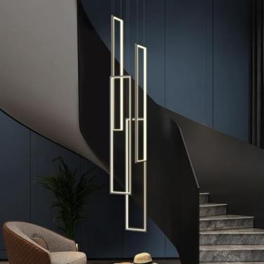 Imagem de Lustre Grande Lustre para Hall de Entrada Remoto Regulável LED Escada Lustre Moderno Dourado Industrial Longo Linear Pendente Luz para Espiral Hall Sala de Estar Hotel, Escuro 32X150cm