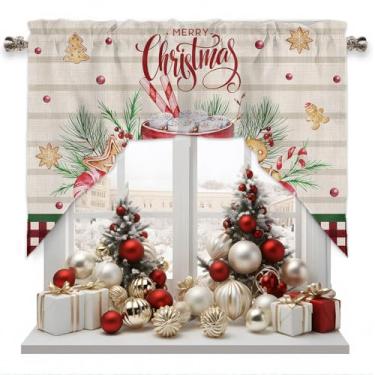 Imagem de Cortinas de serapilheira para cozinha, sanefa, Natal, cacau quente, algodão, doce, pão de gengibre, bolso para varão, janelas pequenas, painéis de cortina de tratamento para café, banheiro, casa de